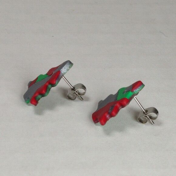 Handmade Polymer Clay Christmas Xmas Tree Stud Earrings Red Green Silver Glitter - Picture 9 of 14